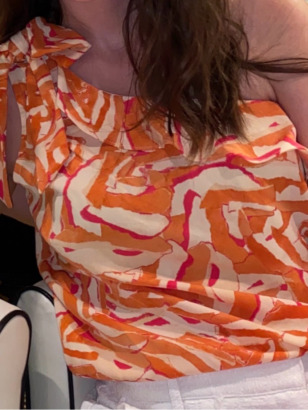 Nine West Orange, Pink and Cream One-Shoulder Tie-Blouse